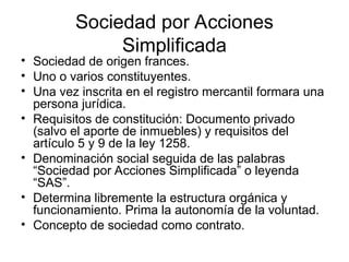 Sociedad por Acciones
Simplificada
• Sociedad de origen frances.
• Uno o varios constituyentes.
• Una vez inscrita en el registro mercantil formara una
persona jurídica.
• Requisitos de constitución: Documento privado
(salvo el aporte de inmuebles) y requisitos del
artículo 5 y 9 de la ley 1258.
• Denominación social seguida de las palabras
“Sociedad por Acciones Simplificada” o leyenda
“SAS”.
• Determina libremente la estructura orgánica y
funcionamiento. Prima la autonomía de la voluntad.
• Concepto de sociedad como contrato.
 