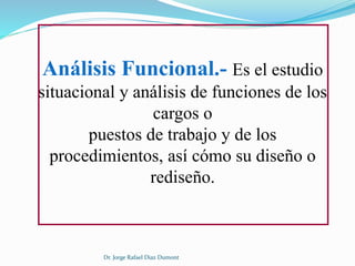 Análisis Funcional.- Es el estudio 
situacional y análisis de funciones de los 
cargos o 
puestos de trabajo y de los 
procedimientos, así cómo su diseño o 
rediseño. 
Dr. Jorge Rafael Diaz Dumont 
 