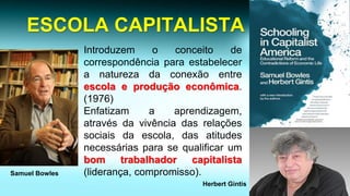 ESCOLA CAPITALISTA 
Introduzemoconceitodecorrespondênciaparaestabeleceranaturezadaconexãoentreescolaeproduçãoeconômica. (1976) 
Enfatizamaaprendizagem, atravésdavivênciadasrelaçõessociaisdaescola,dasatitudesnecessáriasparasequalificarumbomtrabalhadorcapitalista(liderança,compromisso). 
Samuel Bowles 
Herbert Gintis  