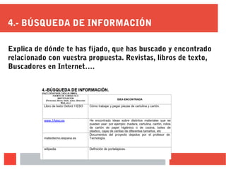 4.- BÚSQUEDA DE INFORMACIÓN
Explica de dónde te has fijado, que has buscado y encontrado
relacionado con vuestra propuesta. Revistas, libros de texto,
Buscadores en Internet….
 