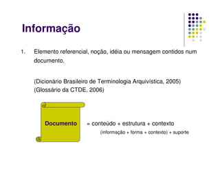 Informação
1. Elemento referencial, noção, idéia ou mensagem contidos num
documento.
(Dicionário Brasileiro de Terminologia Arquivística, 2005)
(Glossário da CTDE, 2006)
Documento = conteúdo + estrutura + contexto
(informação + forma + contexto) + suporte
 