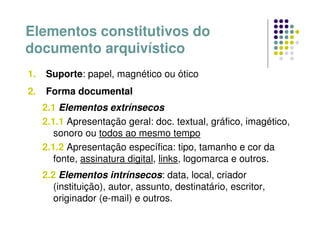 Elementos constitutivos do
documento arquivístico
1. Suporte: papel, magnético ou ótico
2. Forma documental
2.1 Elementos extrínsecos
2.1.1 Apresentação geral: doc. textual, gráfico, imagético,
sonoro ou todos ao mesmo tempo
2.1.2 Apresentação específica: tipo, tamanho e cor da
fonte, assinatura digital, links, logomarca e outros.
2.2 Elementos intrínsecos: data, local, criador
(instituição), autor, assunto, destinatário, escritor,
originador (e-mail) e outros.
 