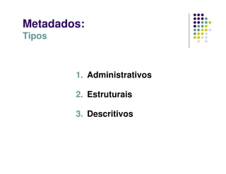 Metadados:
Tipos
1. Administrativos
2. Estruturais
3. Descritivos
 