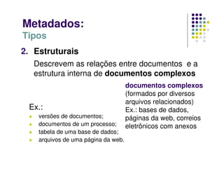 Metadados:
Tipos
2. Estruturais
Descrevem as relações entre documentos e a
estrutura interna de documentos complexos
documentos complexos
(formados por diversos
arquivos relacionados)
Ex.: bases de dados,
páginas da web, correios
eletrônicos com anexos
Ex.:
 versões de documentos;
 documentos de um processo;
 tabela de uma base de dados;
 arquivos de uma página da web.
 