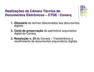 1. Glossário de termos relacionados aos documentos
digitais
2. Carta de preservação do patrimônio arquivístico
digital do Conarq
3. Resolução n. 24 do Conarq – Transferência e
recolhimento de documentos arquivísticos digitais
Realizações da Câmara Técnica de
Documentos Eletrônicos – CTDE / Conarq
 