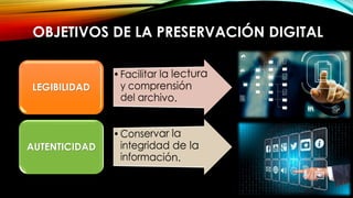 LEGIBILIDAD
AUTENTICIDAD
OBJETIVOS DE LA PRESERVACIÓN DIGITAL
 