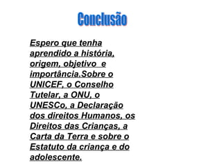 Conclusão Espero que tenha aprendido a história, origem, objetivo  e importância.Sobre o UNICEF, o Conselho Tutelar, a ONU, o UNESCo, a Declaração dos direitos Humanos, os Direitos das Crianças, a Carta da Terra e sobre o Estatuto da criança e do adolescente. 