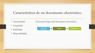 Características de un documento electrónico.
• Autenticidad. Estructura lógica del documento electrónico
• Integridad
• Fiabilidad
• Disponibilidad.
 