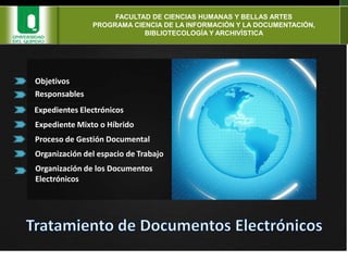 FACULTAD DE CIENCIAS HUMANAS Y BELLAS ARTESPROGRAMA CIENCIA DE LA INFORMACIÓN Y LA DOCUMENTACIÓN, BIBLIOTECOLOGÍA Y ARCHIVÍSTICAObjetivosResponsablesExpedientes ElectrónicosExpediente Mixto o HíbridoProceso de Gestión DocumentalOrganización del espacio de TrabajoOrganización de los DocumentosElectrónicosTratamiento de Documentos Electrónicos