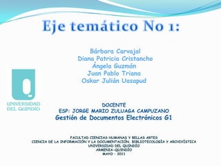 Eje temático No 1: Bárbara Carvajal Diana Patricia CristanchoÁngela GuzmánJuan Pablo TrianaOskar Julián UasapudDOCENTEESP: JORGE MARIO ZULUAGA CAMPUZANOGestión de Documentos Electrónicos G1FACULTAD CIENCIAS HUMANAS Y BELLAS ARTESCIENCIA DE LA INFORMACIÓN Y LA DOCUMENTACIÓN, BIBLIOTECOLOGÍA Y ARCHIVÍSTICAUNIVERSIDAD DEL QUINDÍOARMENIA-QUINDÍOMAYO – 2011