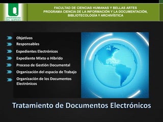 FACULTAD DE CIENCIAS HUMANAS Y BELLAS ARTESPROGRAMA CIENCIA DE LA INFORMACIÓN Y LA DOCUMENTACIÓN, BIBLIOTECOLOGÍA Y ARCHIVÍSTICAObjetivosResponsablesExpedientes ElectrónicosExpediente Mixto o HíbridoProceso de Gestión DocumentalOrganización del espacio de TrabajoOrganización de los DocumentosElectrónicosTratamiento de Documentos Electrónicos