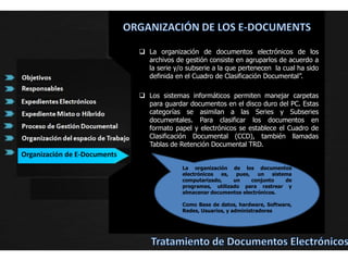 EXPEDIENTES ELECTRÓNICOSEn el expediente obran diferentes instancias o dependencias que aportan documentos para la gestión correspondiente.CaracterísticasExpedientes ElectrónicosLos documentos se presentan en el mismo orden en el cual se dieron las actuaciones y trámitesResponde a un trámite que debe ser gestionado, de acuerdo con procesos y procedimientos previamente establecidos.Tratamiento de Documentos Electrónicos