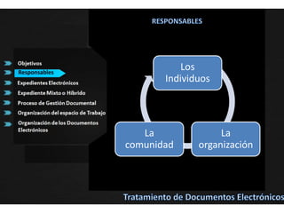  Otros aspectos importantes para el tratamiento de los documentos tienen que ver con espacios físicos adecuados, temperaturas, medios de almacenamiento digital, copias de respaldo.TRATAMIENTO DE DOCUMENTOS ELECTRÓNICOS  Las temperaturas ideales para el almacenamiento de archivos digitales oscilan entre los 16ºc y 20ºc, y depende igualmente de la humedad relativa y del medio en el cual van a ser almacenados (entre 30% y 40%.), (discos ópticos, discos duros, micro filminas, cintas magnéticas, servidores de archivos).