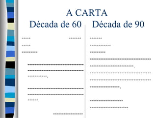 A CARTA
    Década de 60 Década de 90
-----                     -------     -------
-----                                 ------------
---------                             ---------
                                      -----------------------------------
   --------------------------------   -------------------------.
   --------------------------------   -----------------------------------
   -----------.
                                      -----------------------------------
   --------------------------------   -----------------.
   --------------------------------
   ------.                            -------------------
                                      ----------------------
                 -----------------
 