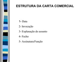 ESTRUTURA DA CARTA COMERCIAL



 1- Data
 2- Invocação
 3- Explanação do assunto
 4- Fecho
 5- Assinatura/Função
 