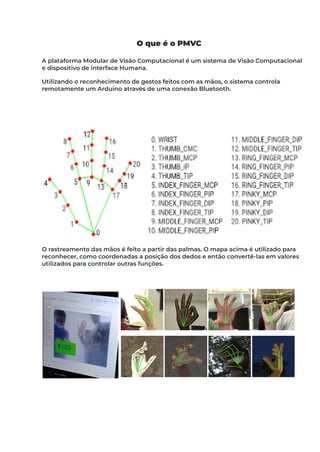 O que é o PMVC
A plataforma Modular de Visão Computacional é um sistema de Visão Computacional
e dispositivo de interface Humana.
Utilizando o reconhecimento de gestos feitos com as mãos, o sistema controla
remotamente um Arduino através de uma conexão Bluetooth.
O rastreamento das mãos é feito a partir das palmas. O mapa acima é utilizado para
reconhecer, como coordenadas a posição dos dedos e então convertê-las em valores
utilizados para controlar outras funções.
 