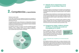 20 21
2.1	 Relación de las competencias con los
estándares de aprendizaje: Mapas de
progreso
Los «mapas de progreso» son instrumentos que nos permiten ver cómo progresan los
aprendizajes a lo largo de la Educación Básica, a fin de tener mayor claridad respecto
a las expectativas que se espera logren los estudiantes respecto a cada competencia
establecida..
Cada competencia viene acompañada de un mapa de progreso organizado según los
ciclos de la EB. Para entender mejor la relación con los mapas de progreso, en la matriz
de cada competencia señalaremos lo que el mapa plantea como estándar para este
ciclo, de manera que podamos visualizar los logros esperados al finalizar el nivel de
Educación Inicial.
Para acompañar a nuestros niños en el desarrollo de estas competencias, debemos
conocer y comprender cada una de ellas. Es importante recordar que, aunque están
planteadas en términos de lo que se espera al finalizar la Educación Básica, desde el
nivel de Educación Inicial se irán formando las bases que permitirán su logro.
2.2	 Competencia: Indaga, mediante métodos
científicos, situaciones que pueden ser
investigadas por la ciencia
Definimos indagación científica como el hacer ciencia
de los estudiantes para responder a cuestionamientos
sobre hechos y fenómenos naturales. Esta competencia
les da la posibilidad de comprender el mundo a través de
preguntas sobre hechos de la vida cotidiana y la búsqueda
de soluciones a determinadas situaciones.
¿Cómo se desarrolla esta competencia en el nivel de Educación
Inicial?
Esta competencia pretende que nuestros niños, en su deseo por descubrir el mundo,
logren desarrollar, a partir de situaciones de indagación, diversas capacidades que les
permitan obtener e integrar información acerca del mundo. De esta manera, construirán
conocimientos respaldados en sus experiencias previas y en su afán por conocer sobre
los objetos, seres vivos y fenómenos de su entorno.
«Indagar» es la acción de
averiguar sobre algo, es
preguntar e investigar para
obtener información.
2.Competencias y capacidades
Continuemos nuestro recorrido…
En este capítulo, presentaremos las competencias de esta área, que comprenden un
conjunto de capacidades cuyo progreso y logro podrá evidenciarse a través de indicadores
propuestos para este ciclo.
Las competencias se definen como un saber actuar en un contexto particular, en función de
un objetivo o solución de un problema. Un modo de actuar pertinente a las características
de la situación y a la finalidad de nuestra acción, que selecciona y moviliza una diversidad
de saberes propios o de recursos del entorno.
Ser competentes es demostrar, en la práctica, lo que hemos aprendido para resolver
problemas o lograr un propósito, haciendo uso de una serie de habilidades y
conocimientos. Esta área comprende cuatro competencias científicas, que expresan lo
que los estudiantes deben lograr al finalizar su escolaridad.
Indaga mediante
métodos científicos.
Construye una
posición crítica
sobre ciencia y
tecnología.
Explica el mundo
físico, basado en
conocimientos
científicos.
Diseña y produce
prototipos.
CIENCIA Y
AMBIENTE
 