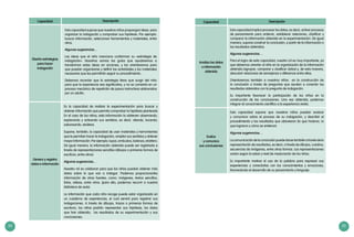 24 25
Capacidad Descripción
Analiza los datos
o información
obtenida
Esta capacidad implica procesar los datos, es decir, activar procesos
de pensamiento para ordenar, establecer relaciones, clasificar y
comparar la información obtenida en la experimentación. De igual
manera, supone construir la conclusión, a partir de la información o
los resultados obtenidos.
Algunas sugerencias…
Para el logro de esta capacidad, nuestro rol es muy importante, ya
que debemos orientar al niño en la organización de la información
obtenida (agrupar, comparar y clasificar datos) y, de esta manera,
descubrir relaciones de semejanza o diferencia entre ellas.
Orientaremos también a nuestros niños en la construcción de
la conclusión a través de preguntas que ayuden a conectar los
resultados obtenidos con la pregunta de indagación.
Es importante favorecer la participación de los niños en la
construcción de las conclusiones. Una vez obtenida, podemos
integrar el conocimiento científico a la experiencia vivida.
Evalúa
y comunica
sus conclusiones
Esta capacidad supone que nuestros niños puedan evaluar
y comunicar sobre el proceso de su indagación, y describir el
procedimiento y los resultados que obtuvieron (lo que hicieron, lo
que lograron y cómo se sintieron).
Algunas sugerencias…
Lacomunicacióndelaconclusiónpuededarsetambiénatravésdela
representación de resultados, es decir, a través de dibujos, cuadros,
secuencias de imágenes, entre otras formas. Las representaciones
varían según la edad y nivel de maduración de los niños.
Es importante motivar el uso de la palabra para expresar sus
experiencias y conectarlas con los conocimientos y emociones,
favoreciendo el desarrollo de su pensamiento y lenguaje.
Capacidad Descripción
Diseña estrategias
para hacer
indagación
Esta capacidad supone que nuestros niños propongan ideas para
organizar la indagación y comprobar sus hipótesis. Por ejemplo:
buscar información, seleccionar herramientas y materiales, entre
otros.
Algunas sugerencias…
Las ideas que el niño menciona conforman su «estrategia de
indagación». Nosotros somos los guías que ayudaremos a
transformar estas ideas en acciones, y los orientaremos para
que puedan organizarse y definir las actividades y los materiales
necesarios que les permitirán seguir su procedimiento.
Debemos recordar que la estrategia tiene que surgir del niño
para que la experiencia sea significativa, y no se convierta en un
proceso mecánico de repetición de pasos instructivos elaborados
por un adulto.
Genera y registra
datos e información
Es la capacidad de realizar la experimentación para buscar y
obtener información que permita comprobar la hipótesis planteada
En el caso de los niños, esta información la obtienen observando,
explorando y activando sus sentidos, es decir, oliendo, tocando,
saboreando, etcétera.
Supone, también, la capacidad de usar materiales y herramientas
que le permitan hacer la indagación, ampliar sus sentidos y obtener
mayor información. Por ejemplo: lupas, embudos, balanza, etcétera.
De igual manera, la información obtenida puede ser registrada a
través de representaciones sencillas (dibujos o primeras formas de
escritura, entre otros).
Algunas sugerencias…
Nuestro rol es colaborar para que los niños puedan obtener más
datos sobre lo que van a indagar. Podemos proporcionarles
información de otras fuentes, como: imágenes, textos sencillos,
fotos, videos, entre otros. (para ello, podemos recurrir a nuestra
biblioteca de aula).
La información que cada niño recoge puede estar organizada en
un cuaderno de experiencias, el cual servirá para registrar sus
indagaciones. A través de dibujos, trazos o primeras formas de
escritura, los niños podrán representar sus hipótesis, los datos
que han obtenido, los resultados de su experimentación y sus
conclusiones.
 