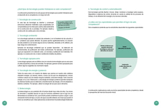 38 39
6. Tecnología de control y automatización
Esta tecnología permite diseñar, innovar, dirigir, mantener e investigar sobre equipos,
dispositivos y sistemas de control, tomando en cuenta la calidad de los procesos de
trabajo, el uso eficiente de la energía y los recursos naturales.
¿Cuáles son las capacidades que permiten el logro de esta
competencia?
Esta competencia pretende que los estudiantes desarrollen las siguientes capacidades:
A continuación, explicaremos cada una de las capacidades de esta competencia, desde
la perspectiva del nivel de Educación Inicial.
¿Qué tipos de tecnología pueden trabajarse en esta competencia?
A continuación presentamos los seis grupos de tecnologías que pueden trabajarse para
el desarrollo de la competencia a lo largo de la EB:
1. Tecnología de construcción
En este tipo de tecnología se diseñan y construyen
estructuras utilizando materiales cuyas propiedades son
comprendidas por los niños para usarlos adecuadamente
en la construcción de un prototipo. Por ejemplo: diseño y
construcción de casitas para criar animales.
2. Tecnología ambiental
Es la tecnología aplicada al cuidado del ambiente y con la finalidad de dar solución a
un problema que pueda afectarlo. Se puede aportar significativamente a la solución
de este problema si se reciclan algunos de los materiales, dándoles un fin utilitario y de
bajo riesgo de contaminación.
Ejemplos de tecnología ambiental que se pueden desarrollar : (a) detección de
contaminantes; (b) purificación del medio contaminado. Por ejemplo, purificación del
agua por exposición a la radiación solar, y (c) reciclaje y reutilización de materiales. Por
ejemplo, la construcción de un vivero reutilizando botellas de plástico.
3. Tecnología agropecuaria
La tecnología agropecuaria se define como el conjunto de tecnologías que se usan para
el cultivo de plantas y crianza de animales. Por ejemplo, generar sombra apropiada para
cultivar algunos vegetales de crecimiento rápido.
4. Tecnología de energía y potencia
Todos los seres vivos y la mayoría de objetos que usamos en nuestra vida cotidiana
requieren energía. Los aviones, trenes y carros con los que nos desplazamos, incluso
nuestros cuerpos aun sin realizar ninguna actividad, consumen energía. Todo consume
energía, en su uso o fabricación. La tecnología de energía y potencia permite manipular
las diversas fuentes para la obtención y transformación de energía, a fin de adaptarla a
distintos contextos. Por ejemplo, utilizar la energía del sol para secar alimentos.
5. Biotecnología
La biotecnología es una actividad útil al hombre desde hace miles de años. Sus inicios
se remontan a aquellas épocas en que los humanos advirtieron que el jugo de uva
fermentado se convierte en vino, que la leche puede convertirse en queso o yogurt, o que
amasando harina de trigo y un poco de agua se podía obtener una masa que puesta al
horno se convertía en pan. Estas aplicaciones se denominan hoy biotecnología tradicional.
"El científico explora lo que
existe y el tecnólogo crea lo
que nunca ha existido".
Theodore von Kármán
Diseña
alternativas de solución.
Evalua y comunica
la eficiencia, la
confiabilidad y los
posibles impactos
del prototipo.
Implementa
y valida alternativas de
solución.
Plantea problemas que
requieren soluciones
tecnológicas y selecciona
alternativas de solución.
 