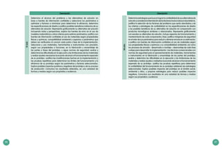 86 87
Descripción
VIciclo
Determina el alcance del problema y las alternativas de solución en
base a fuentes de información confiables y selecciona los parámetros a
optimizar y factores a minimizar para determinar la eficiencia, determina
las especificaciones de diseño y justifica posibles beneficios indirectos de su
alternativa de solución. Representa gráficamente su alternativa de solución
incluyendo vistas y perspectivas, explica las fuentes de error en el uso de
modelos matemáticos u otros criterios para estimar parámetros, justifica con
fuentes de información confiables el uso de materiales según propiedades
físicas y químicas, compatibilidad ambiental y aspectos o parámetros que
deben ser verificados al concluir cada parte o fase de la implementación.
Selecciona y usa materiales, herramientas e instrumentos con precisión,
según sus propiedades o funciones, en la fabricación y ensamblaje de
las partes o fases del prototipo, y sigue normas de seguridad; evalúa y
determina las dificultades en la ejecución y las limitaciones de los materiales
y realiza ajustes necesarios buscando alcanzar el funcionamiento esperado
de su prototipo. Justifica las modificaciones hechas en la implementación y
las pruebas repetitivas para determinar los límites del funcionamiento y la
eficiencia de su prototipo según los parámetros y factores seleccionados.
Explica posibles impactos positivos y negativos del prototipo y de su proceso
de producción. Comunica los resultados obtenidos, en una variedad de
formas y medios según sus propósitos y audiencia.
Descripción
VIIciclo
Determinaestrategiasquebuscanlograrlaconfiabilidaddesusalternativasde
soluciónyconsideralainterrelacióndelosfactoresinvolucradosenelproblema,
justifica la selección de los factores del problema que serán abordados y de
los criterios y estrategias de confiabilidad en las especificaciones de diseño
y los posibles beneficios de su alternativa de solución en comparación con
productos tecnológicos similares o relacionados. Representa gráficamente
con escalas su alternativa de solución, incluye aspectos de funcionamiento y
mantenimiento de cada componente y fase; justifica márgenes de seguridad
en el valor de sus parámetros para reducir o eliminar errores en su estimación;
y justifica con fuentes de información confiables el uso de materiales según
sus propiedades físicas y químicas y su compatibilidad ambiental; así como
los procesos de armado - desarmado o montaje – desmontaje de cada fase
o etapa para desarrollar la implementación. Usa técnicas convencionales con
normas de seguridad para el aprovechamiento de materiales, herramientas
e instrumentos en la fabricación y ensamblaje de las partes del prototipo;
evalúa y determina las dificultades en la ejecución y las limitaciones de los
materiales y realiza ajustes o rediseños buscando alcanzar el funcionamiento
esperado de su prototipo. Justifica las pruebas repetitivas para determinar
la confiabilidad del funcionamiento de su prototipo validando las estrategias
seleccionadas. Explica posibles impactos del prototipo en el ámbito social,
ambiental y ético, y propone estrategias para reducir posibles impactos
negativos. Comunica sus resultados en una variedad de formas y medios
según sus propósitos y audiencia.
 