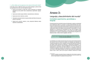 94 95
Lenguaje y descubrimiento del mundo9
Curiosidad, experimentos, aprendizajes y
lenguaje
El enriquecimiento del conocimiento se basa en la diversidad, la calidad y la autenticidad
de las experiencias vividas en la escuela, en el área del descubrimiento del mundo.
Gracias a las observaciones, exploraciones y representaciones que se les hará producir
o utilizar, los alumnos de educación inicial formarán un repertorio de experiencias a las
cuales podrán referirse más adelante y que les permitirán comprometerse, con mayor
seguridad, en la construcción de conocimientos de mayor nivel de exigencia. Estas
experiencias se basan en fenómenos reales: un cubo de hielo que se derrite, semillas
que germinan, etc. y, de forma complementaria, en representaciones: fotografías de un
témpano de hielo, un álbum sobre los vegetales, entre otros.
Lasactividades queserealizan durante laeducación inicial eneláreadeldescubrimiento
del mundo de lo vivo y el mundo de los objetos y los materiales, que responden a la
curiosidad insaciable de los niños, constituyen una oportunidad ideal para el desarrollo
del lenguaje. Desde situaciones de exploración u observaciones espontáneas –con
frecuencia de gran implicancia– hasta las investigaciones más estructuradas, los niños
experimentan los instrumentos del trabajo intelectual, a la vez que construyen las
competencias lingüísticas necesarias para expresarse y las habilidades relacionadas
con la acción. Si bien deberá brindarse a los niños todo el tiempo que necesiten para
percibir, actuar o volver a sentir, será el poner en palabras, inducidos por el deseo
Anexo 3:
9	 Este texto no reemplaza al documento “Sciences et Langage dans la Clase” (Ciencias y Lenguaje en
Clase), que se incluye en el texto “Enseñar Ciencias en la Escuela” para nivel inicial y primaria, y que
tiene como objeto identificar lo más específico de la educación inicial.
“Durante la etapa de educación inicial se dan múltiples oportunidades para descubrir
el mundo y para poder representarlo”.
•	 ¿Cómo deben ser los espacios en las aulas de Educación Inicial?
El aula debe contar con diferentes espacios que permitan desplegar y potenciar todas
las capacidades de los niños, por lo que debemos asegurar:
	 Espacios para descubrir el medio físico natural, propiciando los materiales
apropiados que les permita hacer comparaciones, experimentar, agrupar,
etcétera.
	 Espacios para realizar juegos simbólicos, representaciones e imitaciones.
	 Espacios para armar, desarmar y construir.
	 Tanto dentro como fuera del aula, los espacios deben estar libres de mesas para
permitir el movimiento.
	 Espacios para comunicar, expresar y crear, propiciando diferentes medios
expresivos y representativos.
 