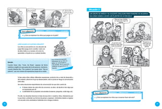 Para reflexionar
¿Cómo se expresan las niñas que juegan en el patio?
Para reflexionar
¿Cómo se expresan los niños que conversan fuera del aula?
26 27
¿Qué sucede en la primera situación?
Las niñas se encuentran en una situación de
juego libre (juego de la cocinita). Cada una
de ellas habla a su manera, tal como ha
aprendido a hacerlo en su contexto familiar.
Si bien estas niñas utilizan diferentes expresiones, producto de su nivel de desarrollo y
del contexto cultural en el que se desenvuelven, esto no pone en riesgo la comunicación
entre ellas.
Son estas situaciones espontáneas de comunicación las que dan cuenta de:
	 El deseo interior de cada niño de comunicar, es decir, de decirle al otro algo que
es importante para él.
	 La efectividad de su propósito comunicativo (convencer, preguntar, contar algo, etc.).
Estas formas de expresión
espontánea de los niños no
deben ser sancionadas ni
ridiculizadas. Por el contrario,
podemos recuperarlas en la
escuela.
Por ello, los docentes tenemos la tarea de escuchar a nuestros niños, interesarnos por
lo que dicen y entender sus formas de pensar y expresar, mirándolos desde su ingreso
a la escuela como verdaderos hablantes de su lengua materna.
Situación 2
Hay que traer botellas
con agua para regar las
plantas.
¿Y qué otra cosa
podemos hacer para
cuidar las plantas?
Pongamos un
aviso para que
no pisen las
plantas.
¡Sí! ¡Como en el parque!
Corre, trai flores. Vamos echar
harina a la sopa.
Un grupo de niños y su docente dialogan para ponerse de acuerdo
en cómo deben cuidar las plantas de la escuela.
Ejemplo:
Cuando Karen dice: “Corre, trai flores”, expresa de forma
auténtica y legítima lo que quiere de la otra persona. Asimismo,
cuando Soledad dice: “Eto e paloma” por querer decir: “Esto es
paloma”, usa una manera de expresarse propia de su edad.
 