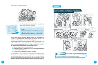 28 29
¿Qué sucede en la segunda situación?
Ejemplo:
Cuando un niño propone llevar botellas de agua para
regar las plantas, la maestra estimula a los demás para
que sigan proponiendo ideas, como lo hizo el primero.
La asamblea ayuda
progresivamente a que
los niños participen de
manera activa en las
discusiones grupales en
torno a un tema de interés
y se integren al grupo.
Los niños hablan de forma organizada, expresan sus ideas y las complementan con
el apoyo de la docente. Asimismo, piden la palabra para participar, escuchan lo que
dicen los compañeros, etc., para ser comprendidos por el grupo.
Estas situaciones privilegian las interacciones docente-niños y de los niños entre sí. Si se
producen con frecuencia, se espera que los niños escuchen y hablen respetando ciertas
pautas de organización grupal que permitan el diálogo (pedir la palabra, escuchar al
otro, esperar el turno para participar, etc.). De esta manera, los niños:
	 Aprenden a expresarse con confianza y seguridad.
	 Desarrollan su sentido de pertenencia a un grupo cuando participan en la toma
de decisiones de la vida del aula.
	 Se sienten miembros de un grupo y ejercen su ciudadanía.
Los niños participan en una asamblea fuera del aula. En ella,
deben decidir cómo cuidar las plantas.
Situación 3
¿Por qué su
bodega se llama
“Panchita”?
Porque así le
dicen a mi esposa.
¡Ahhh!
Sofía, tú querías
preguntar algo. Tenías
la mano levantada.
No. Solo vendo cosas
para comer o preparar
alimentos.
¿Vende juguetes?
¡Sííí!
Mi tío tiene tienda.
Un grupo de niños, acompañados de su maestra,
entrevistan al señor de la bodega.
Para reflexionar
¿Cómo se expresan los niños en la visita a la bodega?
La asamblea del aula es una estrategia muy recomendable para el desarrollo de la
comunicación oral. Al principio, es posible que algunos niños se queden en silencio
frente a una pregunta, que hablen todos a la vez o que se interrumpan entre ellos;
pero cuando esta estrategia se empieza a desarrollar con mayor continuidad, los niños
empiezan a responder a preguntas, realizan comentarios, escuchan a los demás, etc.
 