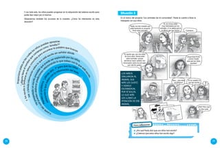 38 39
Y con todo esto, los niños pueden progresar en la adquisición del sistema escrito para
poder leer mejor por sí mismos.
Observemos también las acciones de la maestra. ¿Cómo ha intervenido en esta
situación?
Proporcionapistasenlascual
es los niños puedan apoyarse:
"¿Algunotieneelnombreque
com
ienza como ’Amalia’?"
ylosayudaacentrarseenletrasconocid
as para encontrar la palabra que buscan.
Leeybrindainformaciónsobrelo
que está escrito sin señalar dónde.
Hapresentadounescritoprevisibleq
ue
puede ser explorado por los niños,
apartir
delcualpuedenelaborarprediccionesr
elacionando lo que saben con lo que es
tá
escrito.
Planteaunproblema:"¿dónd
e
dirá...?" para que los niños
relacionenloquesabenc
on la información del texto.
En el marco del proyecto "Los animales de mi comunidad", Paola le cuenta a Rosa lo
trabajado con sus niños.
Situación 5
Paola, me han contado que
estás haciendo un proyecto
lindo sobre animales.
Te cuento que, con mis niños
de cinco años, hemos leído
sobre animales porque
decidimos hacer carteles con
información sobre los animales
que más les gustan.
Sí, los chicos están
muy interesados por los
animales. ¡Y no sabes qué es
lo último que han hecho! Cuéntame…
Pero... ¿los niños
escribieron?
Sí, te muestro lo
que han escrito.
?
Los niños
dibujaron al
animal que
más les gustó
y debajo
escribieron,
por sí solos,
lo que más
les llamó la
atención de ese
animal.
Mira.
¿Esto? Pero aquí
no dice nada.
Para reflexionar
¿Por qué Paola dice que sus niños han escrito?
¿Creemos que estos niños han escrito algo?
¡Guau!¡Qué lindo!
¿Cómo hiciste
para que tus niños
escriban?
 