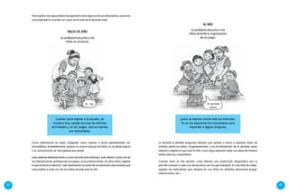 82 83
Para explicar las capacidades de expresión oral y algunos de sus indicadores, usaremos
como ejemplo lo ocurrido con Laura en el aula de la docente Luisa:
Inicio de año
La profesora escucha a los
niños en el recreo.
Cuando Laura ingresa a la escuela, se
muestra muy callada durante las diversas
actividades y, en los juegos, solo se expresa
con monosílabos.
Laura ya expresa mucho más sus intereses.
Ya no usa solamente los monosílabos para
responder a alguna pregunta.
Sí… No
Al mes
La profesora escucha a los
niños durante la organización
de un juego.
Yo también
quiero.
Como observamos en estas imágenes, Laura ingresa a Inicial expresándose con
monosílabos, probablemente, porque no conoce al grupo de niños, no se siente segura
o su comunicación es más gestual que verbal.
Luisa observa detenidamente a Laura durante todo el tiempo: está atenta a cada una de
sus intervenciones, participa de sus juegos, ve sus interacciones con otros niños, registra
lo que le llama la atención. Esta observación es parte de la evaluación permanente que
Luisa realiza a cada uno de sus niños durante todo el año.
La docente le plantea preguntas directas que ayudan a Laura a expresar mejor de
manera verbal sus ideas. Progresivamente, y con la intervención de su docente, quien
observa y registra lo que hace la niña, Laura logra expresar mejor sus ideas de manera
verbal ante sus compañeros.
Cuando inicia el año escolar, Luisa efectúa una evaluación diagnóstica que le
permite conocer a cada uno de los niños con los que trabajará. En una lista de cotejo,
registra los indicadores que observa en sus niños en distintas situaciones (juego,
interacciones, etc.).
 