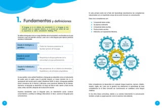 10 11
1. Fundamentos y definiciones
En esta primera parte de la Ruta del Aprendizaje abordaremos las competencias
relacionadas con un importante campo de la acción humana: la comunicación.
Estas cinco competencias son:
	 Comprende textos orales.
	 Se expresa oralmente.
	 Comprende textos escritos.
	 Produce textos escritos.
	 Interactúa con expresiones literarias.
Se define el lenguaje como un rasgo distintivo de la humanidad, una facultad con la que
nacemos y que nos permite conocer y usar una o más lenguas para ejercer prácticas
sociales e individuales.
En ese sentido, como señala Perellman, el lenguaje es entendido como un instrumento
de poder para el sujeto, pues le permite adquirir un mayor dominio de sí y la
apropiación del mundo que lo rodea. (Perellman 2009). Es decir, el lenguaje posibilita
tomar conciencia de sí mismos y afirmarse como personas distintas de los demás.
Asimismo, el lenguaje se desarrolla a lo largo de toda la vida: dentro y fuera de las
aulas; antes, durante y después de la educación escolar.
Nuestros estudiantes usan el lenguaje para, en interrelación social, construir
conocimientos y contribuir al diálogo intercultural. Es decir, usamos el lenguaje para
comunicarnos.
Estas competencias se desarrollan en cualquier lengua (quechua, aymara, shipibo,
awajún, inglés, etc.), pero por lo general nos referiremos al aprendizaje de esas
competencias en el área curricular de Comunicación en castellano como lengua
materna.
En las otras áreas curriculares, debido a su carácter instrumental, la comunicación
también cumple un papel esencial, como lo veremos más adelante.
se
comunica.
Comprende
textos
orales.
Se
expresa
oralmente.
Comprende
textos
escritos.
Produce
textos
escritos.
Interactúa
con
expresiones
literarias.
“El lenguaje no es un dominio del conocimiento […], el lenguaje es una
condición para la cognición humana; es el proceso por medio del cual
la experiencia se vuelve conocimiento” (Halliday 1993).
	Adquirimos la lengua particular de la
comunidad a la que pertenecemos.
Desde lo social
y cultural
Desde lo individual y
cognitivo 	Nos apropiamos de un sistema de elementos
lingüísticos y de principios pragmáticos.
Desde lo biológico y
genético
	Todos los humanos poseemos la
facultad general del lenguaje.
 