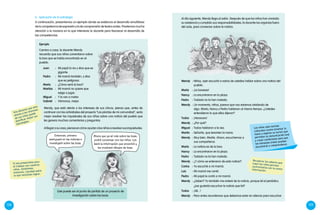 128 129
Wendy :	Niños, ayer escuché a varios de ustedes hablar sobre una noticia del
pueblo.
María	:	¡La boaaaa!
Nancy	:	La encontraron en la plaza.
Pedro	:	Todavía no la han matado.
Wendy	:	Un momento, niños, parece que nos estamos olvidando de
algo. María, Nancy y Pedro hablaron al mismo tiempo. ¿Ustedes
entendieron lo que ellos dijeron?
Todos	:	¡Noooooo!
Wendy	:	¿Por qué?
Miguel	:	Todos hablaron a la vez.
Marita	:	Señorita, que levanten la mano.
Wendy	:	Muy bien, Marita. Ahora, escuchemos a
sus compañeros.
María	:	La noticia es de la boa.
Nancy	:	La encontraron en la plaza.
Pedro	:	Todavía no la han matado.
Wendy	:	¿Y cómo se enteraron de esta noticia?
Carlos	:	Yo escuché a mi mamá.
Luis	:	Mi mamá me contó.
Pedro	:	Mi papá le contó a mi mamá.
Wendy	:	¿Saben? Yo también me enteré de la noticia, porque leí el periódico.
		 ¿Les gustaría escuchar la noticia que leí?
Todos	:	¡Siii...!
Wendy	:	Pero antes recordemos que debemos estar en silencio para escuchar.
Los niños usan normas
culturales (como levantar la
mano y esperar su turno) que
permiten la comunicación oral
y crean condiciones para que
los mensajes orales puedan
escucharse y comprenderse.
Recuperar los saberes quetraen los niños permiteconfrontarlos con la nuevainformación.
Al día siguiente, Wendy llega al salón. Después de que los niños han anotado
su asistencia y cumplido sus responsabilidades, la docente los organiza fuera
del aula, para conversar sobre la noticia.
A continuación, presentamos un ejemplo donde se evidencia el desarrollo simultáneo
de la competencia de expresión y la de comprensión de textos orales. Prestemos mucha
atención a la manera en la que interviene la docente para favorecer el desarrollo de
las competencias.
Ejemplo
Camino a casa, la docente Wendy
recuerda que sus niños comentaron sobre
la boa que se había encontrado en el
pueblo.
Juan	:	 Mi papá la vio y dice que es
gigante.
Pedro	:	 Mi mamá también, y dice
que es peligrosa.
María	:	 ¿Cómo será la boa?
Maritza	:	 Mi mamá no quiere que
salga a jugar.
Miguel	:	 Y la van a matar.
Gabriel	:	 Vámonos, mejor.
Wendy, que está atenta a los intereses de sus chicos, piensa que, antes de
continuar con las actividades del proyecto “Las plantas de mi comunidad”, sería
mejor resolver las inquietudes de sus niños sobre una noticia del pueblo que
les genera muchos comentarios y preguntas.
Alllegarasucasa,piensaencómoayudaralosniñosaresolversusinquietudes.
Ahora que ya sé más sobre las boas,
podré conversar con los niños. Les
leeré la información que encontré y
les mostraré dibujos de boas.
Este puede ser el punto de partida de un proyecto de
investigación sobre las boas.
Entonces, primero
averiguaré en las noticias e
investigaré sobre las boas.
Una docente que está
atenta a los intereses
de sus niños puede
planificar mejor sus
estrategias.
Si nos preparamos para
el trabajo con nuestros
niños, tendremos,
entonces, claridad sobre
lo que necesitan lograr.
b. 	Aplicación de la estrategia
 