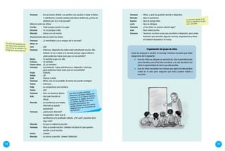 La docente ayuda a los
niños a planificar lo que
van a escribir.
138 139
Vanessa	:	 Niños, y qué les gustaría decirle a Alejandra.
Marcela	:	 Que la queremos.
Susana	:	 Que se ponga bien.
Lucía	:	 Que se abrigue.
Vanessa	:	¿Y los niños no quieren decirle algo?
Juan	:	 Que vuelva pronto.
Vanessa	:	 Tenemos muchas cosas que escribirle a Alejandra, pero antes
tenemos que recordar algunas normas, organizarnos y tener
el material necesario a la mano.
Los niños pueden plantear
diferentes opciones: llamar por
teléfono, ir a su casa a visitarla,
comprarle un regalo, escribirle
un correo, escribir una carta,
hacerle una tarjeta, etc.
Juntos deciden qué alternativa
elegirán para que Alejandra no
los extrañe.
Se pone de acuerdo con
los niños para encontrar
una forma de saludar a la
amiga que está enferma.
Vanessa	:	 Eso es bueno, Rafael. Los pañitos nos ayudan a bajar la fiebre.
Y cuéntenme, cuando ustedes estuvieron enfermos, ¿cómo se
sintieron por no ir a la escuela?
(Silencio entre los niños).
Camila	:	Triste porque quería ir a jugar.
Eduardo	:	Yo no porque vi tele.
Marcela	:	Estuve con mi mamá.
(Nuevamente silencio entre los niños).
Vanessa	:	¿Y extrañaban a sus amigos de la escuela?
Niños en
coro	:	¡Siii!
Vanessa	:	 Entonces, Alejandra los debe estar extrañando mucho. Ella
todavía no va a volver a la escuela porque sigue enferma.
¿Qué podemos hacer para que no nos extrañe?
Marta	:	 Yo extraño jugar con ella.
Carmen	:	 Yo también.
Varios niños	:	 ¡Sí, yo también!
Vanessa	:	 Los entiendo. Todos extrañamos a Alejandra. Entonces,
¿qué podemos hacer para que no nos extrañe?
Paola	:	Visitarla.
Varios	:	¡Sí!
José	:	 Vamos a verla.
Vanessa	:	Niños, eso no es posible. Si vamos los puede contagiar.
Varios	:	Entonces…
Patty	:	 Le compramos una muñeca.
Varios	:	¡Siii!
Vanessa	:	Pero no tenemos dinero.
Julio	:	 Hay que hacerle un
dibujo.
Marcela	:	 Le escribimos una tarjeta
(Marcela se queda
pensando).
Vanessa	:	¿Qué pasó, Marcela?
Empezaste a decir que le
escribamos y te quedaste callada. ¿Por qué? ¿Querías decir
algo más?
Marcela	:	 Es que no sabemos escribir.
Vanessa	:	 Pero yo puedo escribir. Ustedes me dicen lo que quieren
escribir y yo lo escribo.
Varios	:	¡Yeeee!
Marcela	:	 Le vamos a escribir. ¡Yeeee! (Saltando).
Organización del grupo de niños
Antes de empezar a escribir el mensaje, Vanessa recuerda que debe
asegurarse de lo siguiente:
	 Que los niños se ubiquen en semicírculo. Esto le permitirá estar
cerca de ellos y escuchar bien sus ideas; a su vez, les dará a los
niños la oportunidad de ver lo que ella escribe.
	 Que los niños recuerden las normas que rigen los intercambios
orales en el aula para asegurar que todos puedan hablar y
escuchar.
 