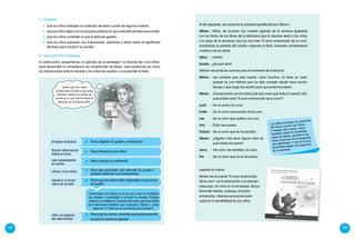 Ubicar a los niños 	 Para que escuchen con atención el cuento y
puedan observar sus ilustraciones.
Leer previamente
el cuento
	 Para conocer su contenido.
Ensayar la lectura 	 Para adaptar los gestos y entonación.
Buscar información
sobre el autor
	 Para ofrecerla a los niños.
Generar un buen
clima en el aula
	 Para que los niños estén dispuestos a escuchar
el cuento.
Convócalos a la calma, si es el caso, crea un ambiente
de misterio y curiosidad si el texto lo amerita. Puedes
colocar un cartelito en la puerta del aula, para que nadie
los interrumpa durante ese momento (“Niños y niñas
leyendo” o “Estamos en momento de la lectura”).
Quiero que mis niños
comprendan el texto y que luego
escriban, desde sus niveles de
escritura, lo que más les llamó la
atención de la historia leída.
Abrir un espacio
de intercambio
	 Para que los niños comenten espontáneamente
lo que el cuento les generó.
148 149
Los niños anticipan el contenido
del texto a partir del título
o imagen del cuento. Hacer
hipótesis sobre el contenido
antes de leerlo, permite a los
niños centrarse en la búsqueda
del significado. Y eso es lo que
pretenden lograr las preguntas
de la docente.
Al día siguiente, así comenzó la actividad planificada por Miriam.
Miriam	: Niños, de acuerdo con nuestra agenda de la semana (papelote
con los títulos de los libros de la biblioteca que la docente leerá a los niños
a lo largo de la semana), hoy nos toca leer “El zorro enamorado de la Luna”
(mostrando la portada del cuento y leyendo el título, haciendo señalamiento
continuo con su dedo).
Niños	: ¡Yehhh!
Sandra	: ¿De qué será?
(Miriam recuerda las normas para el momento de la lectura).
Miriam	:	Les comento que este cuento, como muchos, no tiene un autor
porque es una historia que ha sido contada desde hace mucho
tiempo y que luego fue escrita para que podamos leerla.
Miriam	:	 (Conversando con los niños) ¿De qué creen que trata el cuento? ¿Por
qué el título será "El zorro enamorado de la Luna"?
Lucía	:	 De un zorro y la Luna.
Emilio	:	 De un zorro enamorado de la Luna.
Luis	:	 De un zorro que quiere a la Luna.
Ana	:	 Zodo que pasea.
Gabriel	:	De un zorro que se ha perdido.
Miriam	:	¿Alguien más tiene alguna idea de
qué tratará el cuento?
Jenny	:	Del zorro, las estrellas y la Luna.
Flor	:	De un zorro que se va de paseo.
Leyendo el cuento:
Miriam lee el cuento “El zorro enamorado
de la Luna” con la entonación y el volumen
adecuado, tal como lo ha ensayado. Busca
transmitir interés, sorpresa, emoción,
entusiasmo, diversas emociones para
capturar la sensibilidad de sus niños.
a.	Propósito
	 Que los niños anticipen el contenido del texto a partir de algunos indicios.
	 Que los niños digan con sus propias palabras lo que entendió del texto escuchado.
	 Que los niños comenten lo que el texto les generó.
	 Que los niños expresen sus impresiones, opiniones e ideas sobre el significado
del texto para construir su sentido.
b.	 Aplicación de la estrategia
A continuación, presentamos un ejemplo de la estrategia “La docente lee a los niños”
para desarrollar la competencia de comprensión de textos. Aquí podremos ver cómo
las interacciones entre la docente y los niños les ayudan a comprender el texto.
 