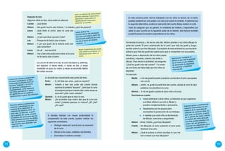 152 153
Expresar gustos y preferencias
respecto a personajes es una
muestra de la capacidad de
reflexión de nuestros niños. En
este caso, la docente, a partir
de la opinión de Juana, orienta
el análisis del texto para que
los niños puedan plantear sus
dudas, dar sus opiniones y
formular sus argumentos para
defender una posición, etc.
En esta primera parte, hemos trabajado con los niños la lectura de un texto,
puedes realizarla en una sesión o en dos si el cuento lo amerita. Si optamos por
la segunda alternativa, evalúa en qué parte del cuento debes realizar el corte.
Trata de asegurar que se genere un ambiente de misterio y expectativa por
saber lo que ocurrirá en la siguiente parte de la historia. Esta lectura también
puede favorecer la escritura espontánea en los niños.
Representar mediante el
dibujo lo que más ha gustado
de un texto es una manera
de desarrollar la capacidad
de organizar y sintetizar
información.
Terminada la lectura, y tal vez en otro día, Miriam plantea a los niños dibujar la
parte del cuento “El zorro enamorado de la Luna” que más les gustó y, luego,
escribir sobre lo que han dibujado. El propósito de esta actividad es que escriban
sobre lo que más les gustó del cuento para que lo compartan con sus padres.
Miriam pone a disposición de los niños papel,
cartulinas, crayones, colores y los invita a
dibujar. Para iniciar la actividad, les pregunta:
"¿Qué les gustó más del cuento?". Y a modo
de una lluvia de ideas deja que los niños se
expresen.
Por ejemplo:
Marita	:	A mí me gustó la parte cuando la Luna le dice al zorro que quiere
vivir con él.
Miriam	: 	¡Ahhh!, te gustó la parte final del cuento, donde el zorro le dice
palabras muy bonitas a la Luna.
Mónica	 :	 A mí me gustó cuando el zorro mira a la Luna.
Para tener en cuenta:
	 Hacer participar a otros niños. La intención es que organicen
sus ideas sobre lo que van a dibujar y
puedan complementarlas o precisarlas.
	 Desplazarse por los grupos para
acompañar la producción de sus trabajos.
	 A medida que cada niño va terminando
de dibujar, acercarse y preguntarle:
Miriam	: Dime, Charito, ¿qué has dibujado?
Charito	: He dibujado al zorro subiendo el cerro para
alcanzar a la Luna.
Miriam	: ¿Qué te parece si ahora escribes lo que me
has contado que has dibujado?
Después de leer:
(Algunos niños se ríen, otros están en silencio).
Camila	:	 ¡Qué lindo!
Miriam	:	 Me gustó mucho esta historia. Y a ustedes, ¿qué les pareció?
Juana	:	¡Qué lindo el zorro!, pero la Luna era
mala.
Miriam	:	 ¿Y por qué dices que era mala?
Luis	:	Porque no le hacía caso al zorro.
Miriam	:	Y ¿en qué parte de la historia está esto
que comentan?
Juana	:	 No sé… eso escuché.
Miriam	 : 	Voy a leer esta parte para saber si la Luna
no le hacía caso al zorro.
La docente lee nuevamente esta parte del texto.
Pedro	:	 Sí, ahí dice eso; pero, ¿qué es esquiva?
Miriam	:	Volveré a leer esa parte del cuento donde
aparece la palabra “esquiva”. ¿Será que la Luna
era esquiva porque a veces sale y otras veces se
esconde? ¿Qué creen ustedes?
Gerardo	:	Sí, no le gusta que el zorro la vea.
Abrir un espacio de intercambio
permite expresar impresiones,
opiniones e ideas sobre el
significado del texto para
construir su sentido.
Releer fragmentos les ayuda
a los niños a corroborar sus
interpretaciones sobre el
texto.
Juana deduce las
características del personaje
(La Luna era mala) a partir de
información explícita (la Luna
no oía al zorro, era lejana,
esquiva, …)
Expresar gustos y preferencias
respecto a personajes es una
muestra de la capacidad de
reflexión de nuestros niños. En
este caso, la docente, a partir
de la opinión de Juana, orienta
el análisis del texto para que los
niños puedan plantear sus dudas,
dar sus opiniones y formular sus
argumentos para defender una
posición, etc.
La Luna en el cielo no lo oía, la Luna era lejana y, además,
era esquiva. A veces venía, a veces se iba, a veces
mostraba un poco su rostro, a veces se escondía detrás
de nubes oscuras.
Miriam	:	¿Se acuerdan que Juana dijo que la Luna era
mala? ¿Ustedes piensan lo mismo? ¿Sí? ¿No?
¿Por qué?
Si decides trabajar con mayor profundidad la
comprensión de este cuento, puedes realizar las
siguientes actividades:
	 Dialogar sobre por qué el zorro se enamoró
de la Luna.
	 Dibujar a los cuyes, wallatas y las llamitas.
	 Dramatizar la historia contada.
La docente ayuda a comprender
el nuevo vocabulario, lo hace
mostrando la relación entre el
término “esquiva” y el hecho
de aparecer y desaparecer.
Gradualmente y más adelante
los niños aprenderán a deducir
el significado de las palabras
desconocidas a partir del contexto.
 