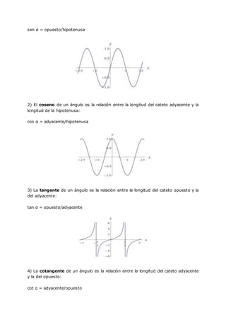 sen α = opuesto/hipotenusa
2) El coseno de un ángulo es la relación entre la longitud del cateto adyacente y la
longitud de la hipotenusa:
cos α = adyacente/hipotenusa
3) La tangente de un ángulo es la relación entre la longitud del cateto opuesto y la
del adyacente:
tan α = opuesto/adyacente
4) La cotangente de un ángulo es la relación entre la longitud del cateto adyacente
y la del opuesto:
cot α = adyacente/opuesto
 
