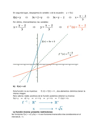 En segundo lugar, despejamos la variable x de la ecuación: y = f(x)
Por último, intercambiamos las variables:
b) f(x) = x2
Esta función no es inyectiva: f(-2) = f(2) = 4 , dos elementos distintos tienen la
misma imagen.
Para valores reales positivos de la función podemos obtener su inversa:
f(x) = y ⇔ x2 = y ⇔ x = +√y ⇔ y = +√x ⇔ f -1(x) = +√x
La función inversa presenta restricciones:
las funciones f(x) = x2 y f(x) = +√x son funciones inversa sólo si las consideramos en el
intervalo [0 , ∞)
 