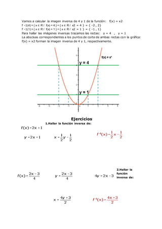 Vamos a calcular la imagen inversa de 4 y 1 de la función: f(x) = x2
f -1(4) = { x ∈ R / f(x) = 4 } = { x ∈ R / x2 = 4 } = { -2 , 2}
f -1(1) = { x ∈ R / f(x) = 1 } = { x ∈ R / x2 = 1 } = { -1 , 1}
Para hallar las imágenes inversas trazamos las rectas: y = 4 , y = 1
La abscisas correspondientes a los puntos de corte de ambas rectas con la gráfica:
f(x) = x2 forman la imagen inversa de 4 y 1, respectivamente.
Ejercicios
1.Hallar la función inversa de:
2.Hallar la
función
inversa de:
 