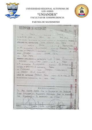 UNIVERSIDAD REGIONAL AUTONOMA DE
LOS ANDES
“UNIANDES”
FACULTAD DE JURISPRUDENCIA
PARTIDA DE MATRIMONIO
 