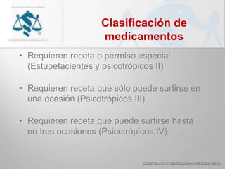 Clasificación de
medicamentos
• Requieren receta o permiso especial
(Estupefacientes y psicotrópicos II)
• Requieren receta que sólo puede surtirse en
una ocasión (Psicotrópicos III)
• Requieren receta que puede surtirse hasta
en tres ocasiones (Psicotrópicos IV)
 
