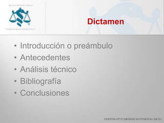 Dictamen
• Introducción o preámbulo
• Antecedentes
• Análisis técnico
• Bibliografía
• Conclusiones
 