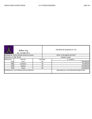 MARIA CAMILA SUAREZ RIVERA

I.E.D TECNICO MENORAH

ENTRADA DE ALMACEN N°.156

fashion city
NIT: 254.488.479-3
Recibido de: Carlos Alfrado Gutierres Suarez
Direccion: crr 100 30-26
Referencia
Articulo
563
tenis
896
sandalias
635
zapatos
365
botas
Recibido por: Laura Melissa Gomez Zalamea

1002 J.M

Cantidad
20
50
35
40

fecha: 13 de agosto del 2013
Destino: norte
V. unitario
100.000,00
85.000,00
150.000,00
120.000,00
Aprovado por: Carol Alexandra Rojas Pinilla

 