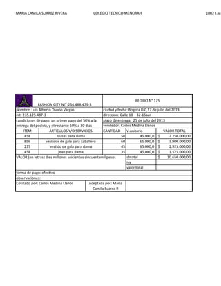 MARIA CAMILA SUAREZ RIVERA

COLEGIO TECNICO MENORAH

PEDIDO N° 125
FASHION CITY NIT:254.488.479-3
Nombre: Luis Alberto Osorio Vargas
ciudad y fecha: Bogota D.C,22 de julio del 2013
nit: 235.125.487-3
direccion: Calle 10 32-15sur
plazo de entrega: 25 de julio del 2013
condiciones de pago: un primer pago del 50% a la
vendedor: Carlos Medina Llanos
entrega del pedido, y el restante 50% a 30 dias
ITEM
ARTICULOS Y/O SERVICIOS
CANTIDAD
V.unitario
VALOR TOTAL
458
blusas para dama
50
45.000,0 $
2.250.000,00
896
vestidos de gala para caballero
60
65.000,0 $
3.900.000,00
235
vestido de gala para dama
45
65.000,0 $
2.925.000,00
458
jean para dama
35
45.000,0 $
1.575.000,00
sbtotal
$
10.650.000,00
VALOR (en letras) dies millones seicientos cincuentamil pesos
iva
valor total
forma de pago: efectivo
observaciones:
Cotizado por: Carlos Medina Llanos
Aceptada por: Maria
Camila Suarez R

1002 J.M

 