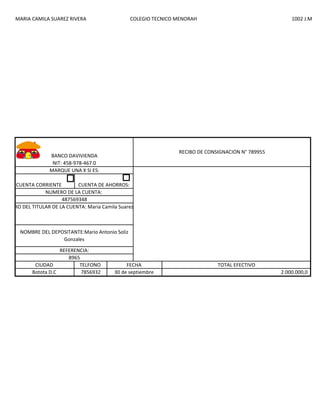 MARIA CAMILA SUAREZ RIVERA

COLEGIO TECNICO MENORAH

1002 J.M

RECIBO DE CONSIGNACION N° 789955

BANCO DAVIVIENDA
NIT: 458-978-467.0
MARQUE UNA X SI ES:
CUENTA CORRIENTE
CUENTA DE AHORROS:
NUMERO DE LA CUENTA:
487569348
NUMERO DEL TITULAR DE LA CUENTA: Maria Camila Suarez Rivera

NOMBRE DEL DEPOSITANTE:Mario Antonio Soliz
Gonzales
REFERENCIA:
8965
CIUDAD
TELFONO
Botota D.C
7856932

FECHA
30 de septiembre

TOTAL EFECTIVO
2.000.000,0

 