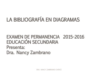 LA BIBLIOGRAFÍA EN DIAGRAMAS
EXAMEN DE PERMANENCIA 2015-2016
EDUCACIÓN SECUNDARIA
Presenta:
Dra. Nancy Zambrano
DRA. NANCY ZAMBRANO CHÁVEZ
 