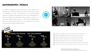 2014
GASTRONOMÍA + MÚSICA
En 2014 la prestigiosa marca francesa de café, Carte Noire,
desembarca en España. Para llevar a cabo el lanzamiento de las
4 variedades de café, nos basamos en su particularidad
distintiva: el proceso de tostado se corta con frío. Realizamos 4
duetos musicales que mezclaban música clásica y urbana, uno
por cada variedad. Cada dueto era una canción independiente,
pero si se escuchaban todos a la vez componían una nueva
canción que funcionaba perfectamente.
Más información sobre el proyecto en:
http://www.muwom.com/portfolio-item/carte-noire/
Más de un millón de reproducciones de los contenidos.
Más de 500.000 reproducciones de las canciones
Más de 10.000 discos físicos repartidos a clientes.
Más de medio millón de euros de valoración en PR.
Posicionamiento de marca con valores de calidad.
Gestión editorial para uso de música por parte de la marca.
Presencia de marca en plataformas de consumo de música
 