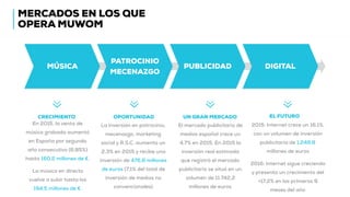 MERCADOS EN LOS QUE
OPERA MUWOM
PATROCINIO
MECENAZGO
PUBLICIDAD DIGITALMÚSICA
En 2015, la venta de
música grabada aumentó
en España por segundo
año consecutivo (6,85%)
hasta 160,2 millones de €.
La música en directo
vuelve a subir hasta los
194,5 millones de €.
CRECIMIENTO
La inversión en patrocinio,
mecenazgo, marketing
social y R.S.C. aumenta un
2,3% en 2015 y recibe una
inversión de 476,6 millones
de euros (7,1% del total de
inversión de medios no
convencionales)
OPORTUNIDAD
El mercado publicitario de
medios español crece un
4,7% en 2015. En 2015 la
inversión real estimada
que registró el mercado
publicitario se situó en un
volumen de 11.742,2
millones de euros
UN GRAN MERCADO
2015: Internet crece un 16,1%,
con un volumen de inversión
publicitaria de 1.249,8
millones de euros
2016: Internet sigue creciendo
y presenta un crecimiento del
+17,2% en los primeros 9
meses del año
EL FUTURO
 