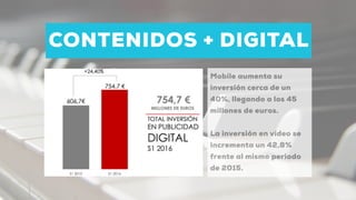 CONTENIDOS + DIGITAL
Mobile aumenta su
inversión cerca de un
40%, llegando a los 45
millones de euros.
La inversión en vídeo se
incrementa un 42,8%
frente al mismo periodo
de 2015.
 