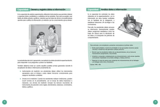 18 19
Es la capacidad de realizar experimentos utilizando instrumentos que permitan obtener
y organizar datos cuantitativos y cualitativos de las variables. Para esto se pueden usar
tablas de doble entrada o gráficos, mientras que las hojas de cálculo y los graficadores
servirán para codificar la información y la relación con los conocimientos que ya tienen.
Los estudiantes del ciclo V generarán y recopilarán los datos durante la experimentación,
para responder a sus preguntas o probar sus hipótesis.
También debemos tener en cuenta aquellos posibles errores generados durante la
recopilación de datos e información provenientes de:
	 Instrumentos de medición: Los estudiantes deben utilizar los instrumentos
apropiados para el trabajo y estos deben funcionar correctamente para
asegurar resultados confiables.
	 Errores en la medición: Cuando los estudiantes realizan mediciones, pueden
ocurrir errores en el procedimiento, con el recojo de datos imprecisos o
inexactos. Los errores de medición incluyen las lecturas incorrectas de
instrumentos de precisión como reglas, termómetros, balanzas, cronómetros,
tablas y gráficos.
Genera y registra datos e informaciónCapacidad:
Es la capacidad de contrastar los datos
obtenidos en la experimentación y en la
información de otras fuentes confiables
con la hipótesis de la indagación, y
establecer relaciones a fin de llegar a las
conclusiones.
Para ello, los estudiantes deben procesar
su información. Eventualmente, pueden
utilizar programas estadísticos como las
hojas de cálculo para la tabulación de
los datos y la búsqueda de patrones de
comportamiento.
Analiza datos o informaciónCapacidad:
Para estimular a los estudiantes a presentar conclusiones el profesor debe:
•	 Darles oportunidades a través de actividades en las que puedan encontrar pautas
sencillas o tendencias más generales (trabajo práctico).
•	 Permitir que los estudiantes hablen de sus descubrimientos y de su forma de
interpretarlos (preguntando y escuchando).
•	 Invitarlos a comprobar cuidadosamente sus interpretaciones y solo extraer aquellas
conclusiones respaldadas con pruebas (diálogo y trabajo práctico).
•	 Organizar la clase de manera que compartan las interpretaciones de los hallazgos
y se dialogue sobre ellos críticamente.
(Harlen 1999: 149)
 