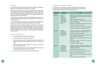 84 85
Descripción
Los estudiantes deben comprender el funcionamiento de un biohuerto, su utilidad en la
agricultura y las potencialidades que puede tener en su localidad.
Este proyecto busca experimentar con dos especies vegetales de crecimiento rápido.
Los estudiantes deben conocer los diferentes mecanismos de riego, y centrarse en
los más adecuados para el proyecto. Adicionalmente, los procesos de riego usados
requieren un proceso de abastecimiento de agua, que se puede obtener de alguna
fuente acuífera usando un bombeo manual.
La calidad del aire también tiene un impacto en la productividad de un biohuerto, por
lo cual es necesario entender los procesos de purificación de aire, de tal forma que la
productividad mejore.
En el desarrollo del proyecto, los estudiantes deben consultar literatura especializada y
apropiada para entender los diversos factores involucrados en cada actividad.
Existen diversas variables y parámetros que deben ser definidos y tener más de una
solución posible, por lo cual es necesario definir el camino a seguir en cada proceso.
El proyecto no pretende ser una solución industrializada, sino una que pueda ser
fácilmente implementada en el entorno de la escuela y la localidad donde esta se
encuentra, y que luego pueda servir para llevar un avance tecnológico a los pobladores
de su comunidad.
Requerimientos generales
	 Usar materiales biodegradables o reutilizar materiales.
	 Tener dos mecanismos de riego: goteo y aspersión.
	 Tener dos áreas de cultivo: una con riego por aspersión y otra por goteo. Cada
área de cultivo debe tener dos regiones donde se cultive una sola especie de
planta.
	 Cultivar dos especies de plantas irrigadas con los dos tipos de riego, para
luego comparar los resultados.
	 Usar el mismo tipo de suelo y abono en todo el biohuerto para hacer una
comparación de resultados bajo condiciones similares.
	 Incluir mecanismos de purificación del aire para mejorar el cultivo.
Actividades para el proyecto propuesto
Conjuntamente con los estudiantes se proponen actividades que formarán parte del
proyecto grupal. Cada actividad presenta tareas que serán asumidas por los estudiantes
de manera individual, como se muestra en el siguiente cuadro:
Responsable Actividad Fases
Estudiante 1 Biohuerto con
sistemas de
riego por goteo
y aspersión para
el cultivo de dos
especies vegetales
de crecimiento
rápido.
•	 Indagación del funcionamiento de un biohuerto, del cultivo de
especies vegetales de crecimiento rápido y de los sistemas de
riego de interés.
•	 Elaboración de especificaciones de diseño.
•	 Proponer alternativas de biohuerto buscando cumplir las
especificaciones de diseño.
•	 Diseño del biohuerto especificando todos los valores necesarios.
•	 Construcción de la estructura del biohuerto.
•	 Construcción y prueba de los procesos de riego considerados.
•	 Evaluación del impacto de los tipos de riego en el cultivo.
Estudiante 2 Obtención y
almacenamiento
de agua para el
biohuerto, usando
bomba manual.
•	 Indagación de mecanismos manuales de bombeo de agua
que puedan ser construidos con material biodegradable.
•	 Establecer las especificaciones de diseño.
•	 Proponer alternativas de obtención y almacenamiento de agua
buscando cumplir las especificaciones.
•	 Diseño del proceso de obtención y almacenamiento de agua
propuesto.
•	 Construcción y prueba del proceso de obtención y
almacenamiento de agua.
•	 Evaluación de los resultados obtenidos.
Estudiante 3 Purificación de
aire para elevar la
productividad de
un biohuerto, por
ejemplo, uso de
mallas recubridoras.
•	 Indagación de posibles mecanismos de purificación de aire
que puedan ser construidos con material biodegradable y sean
apropiados para biohuertos.
•	 Determinar las especificaciones de diseño.
•	 Proponer procesos de purificación de aire para biohuertos.
•	 Diseñar el proceso de purificación de aire.
•	 Construir y probar el funcionamiento del proceso de purificación
de aire.
•	 Evaluar el proceso y los resultados obtenidos.
 