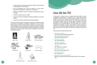 102 103
Modelo de torso humano Maqueta del ciclo del agua
Tablero metálico Esqueleto humano Peso, volumen y medida
Laboratorio básico Set de hidroponía Juego de investigación
	 Ayudan a potenciar las capacidades sensoriales y cognitivas, base fundamental
del aprendizaje de ciencia y tecnología.
	 Sirven de intermediario entre la ciencia del científico y la ciencia escolar,
aproximando al estudiante a la realidad que se desea estudiar.
	 Movilizan la participación activa en los procesos de aprendizaje de ciencia y
tecnología.
	 Enriquecen el vocabulario técnico-científico.
	 Favorecen el desarrollo de habilidades científicas y tecnológicas con una actitud
científica.
	 Ofrecen la oportunidad de transformarlos en objetos tecnológicos.
Para esto es necesario considerar una selección adecuada de los materiales necesarios
para ejecutar las actividades de aprendizaje y distribuirlos en el aula. También
debemos designar las áreas de interés, donde los materiales se encuentren al alcance
de los estudiantes, así como su uso adecuado y conservación, para evitar su deteriorio,
aunque es preferible que los materiales presenten signos de desgaste por su constante
manipulación a que se encuentren nuevos porque los estudiantes no han tenido la
oportunidad de utilizarlos.
Uso de las TIC
La interacción con diversos recursos y materiales educativos beneficia los estilos
y posibilidades de aprendizaje. La información escrita o gráfica para docentes y
estudiantes, el material concreto, que permite observar, manipular, consultar, medir,
analizar, visualizar, evaluar y explicar principios, entre otras muchas acciones y las
herramientas tecnológicas, tales como hojas de cálculo, graficadores, simuladores,
procesadores de textos, presentador de diapositivas, entre otros, son recursos
importantes que los estudiantes utilizan para el procesamiento de la información,
presentación de resultados y procesos. Adicionalmente, el material audiovisual o
interactivo, como textos, libros digitales, páginas web, entre otros, tienen cada vez
mayor presencia,como medios para buscar información o fortalecer el trabajo en el
aula.
Veamos algunas direcciones electrónicas útiles:
	 PEDAGOGÍA Y RECURSOS:
http://www.perueduca.pe/desarrollo-profesional
	 PEDAGOGÍA Y RECURSOS (EN FRANCÉS):
http://www.fondation-lamap.org/
	 PEDAGOGÍA Y RECURSOS:
http://www.indagala.org/
	 PEDAGOGÍA Y RECURSOS:
http://www.pakapaka.gob.ar/
	RECURSOS:
http://spaceplace.nasa.gov/sp/
	 PEDAGOGÍA Y RECURSOS:
http://www.principia-malaga.com/p/
	 RECURSOS PARA CIENCIAS:
http://ciencia.educ.ar/
	 SIMULADORES PARA CIENCIAS (EN INGLÉS):
http://phet.colorado.edu/simulations/sims.php?sim=Models_of_the_Hydrogen_
Atom
 